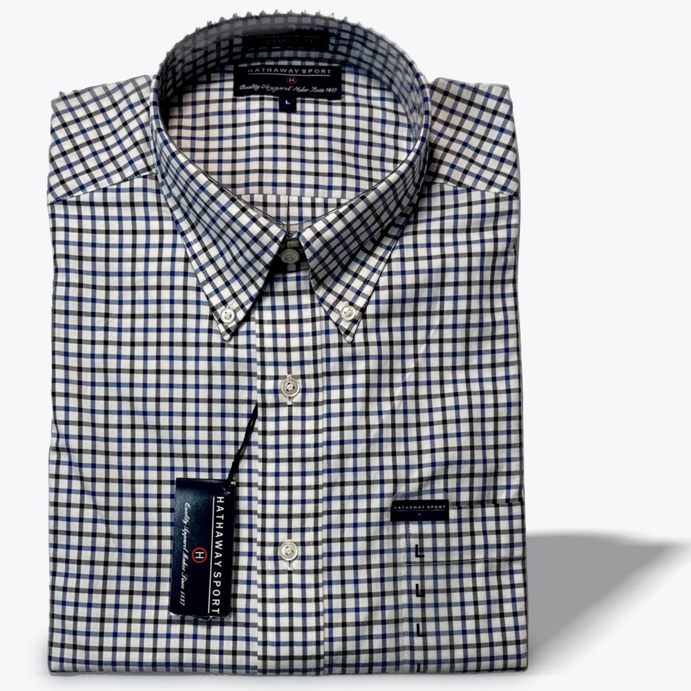 Hathaway Sport Button Down Shirt Chamberlain Twill  Blue Black Check Size L NWT